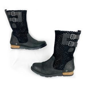 Sorel Major Pull On Boots Black Suede Leather Lasercut Perforated Mid Calf 6.5